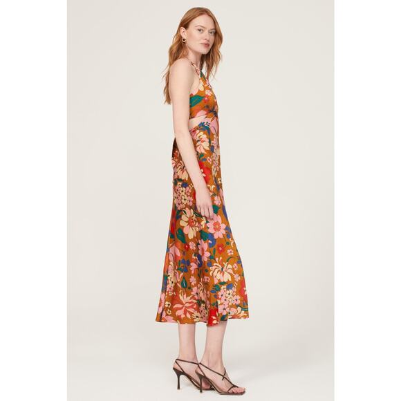 ASTR Talitha Rust Floral Print Halter High Neck Tie Back Cocktail Midi Dress M - Picture 3 of 14